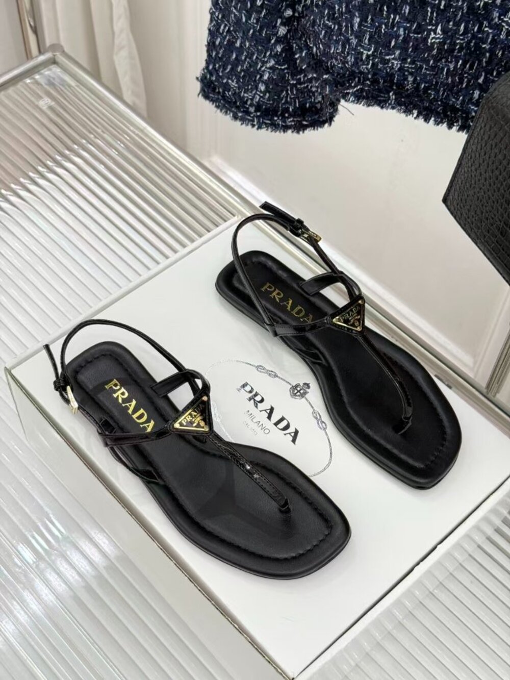 Prada Black Leather Thong Sandals Gold Triangle Logo Adjustable Slingback Flat S